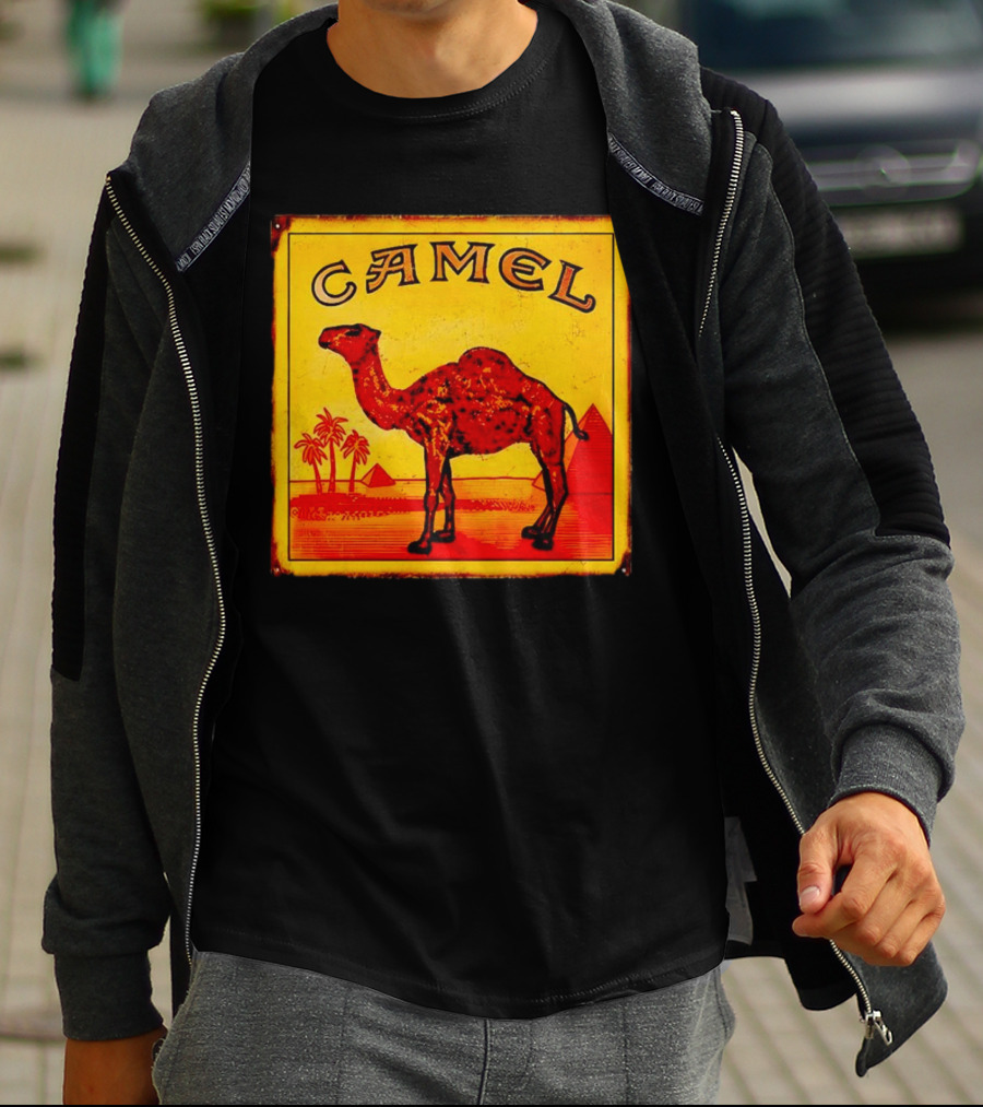 Vintage Camel Cigarettes Logo Yellow Square With Red Camel And Pyramids T-Shirt
