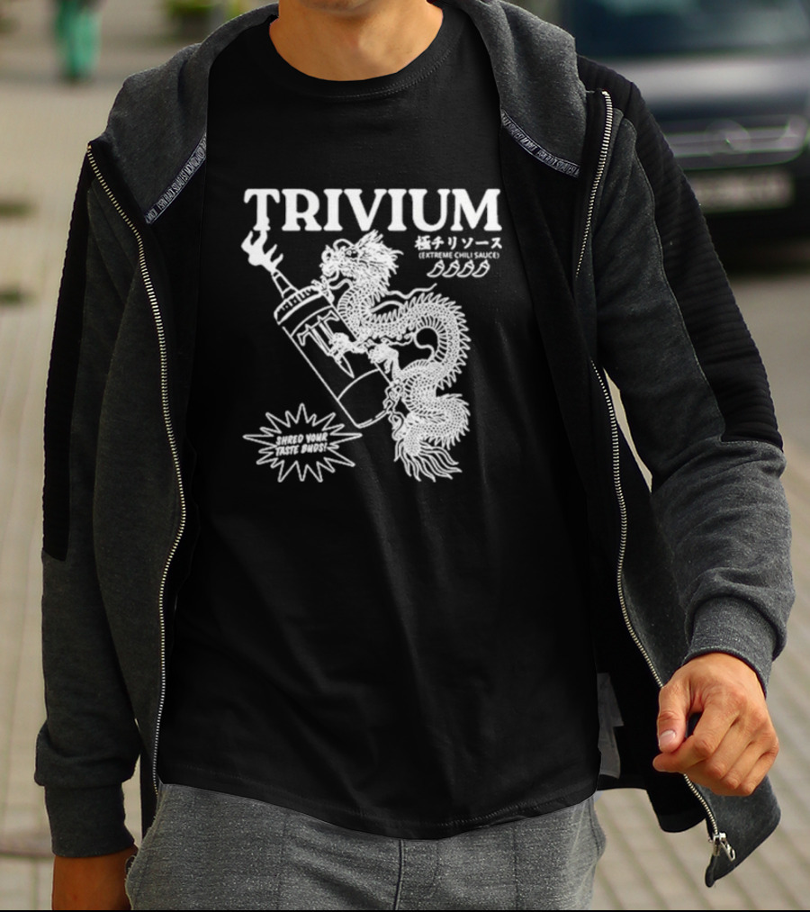 TRIVIUM Extreme Chili Sauce Shred Your Taste Buds Dragon Bottle T-Shirt