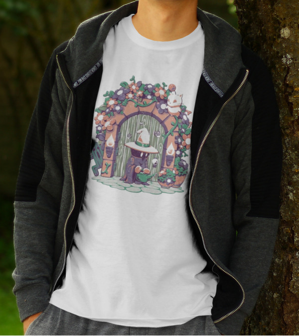 A Gardening Mage And Friends Enchanted Floral Doorway Fantasy Garden Scene T-Shirt