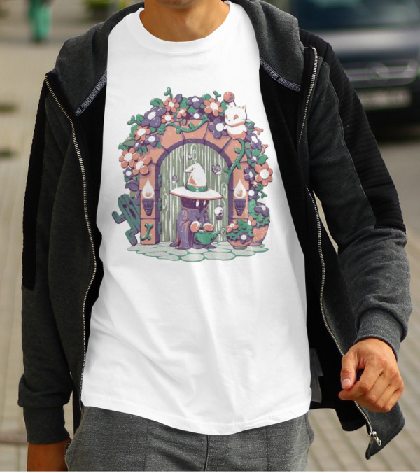 A Gardening Mage And Friends Enchanted Floral Doorway Fantasy Garden Scene T-Shirt
