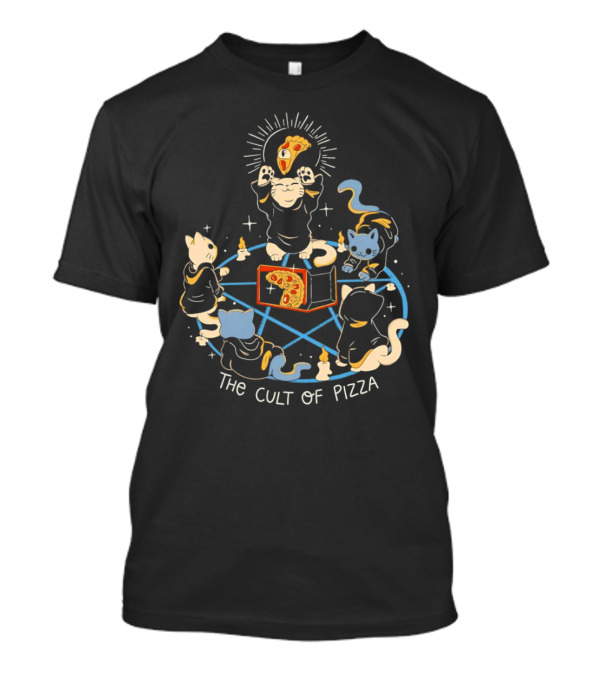 The Cult Of Pizza Cats Summoning Ceremony With Illuminated Slice And Mystical Blue Pentagram T-Shirt