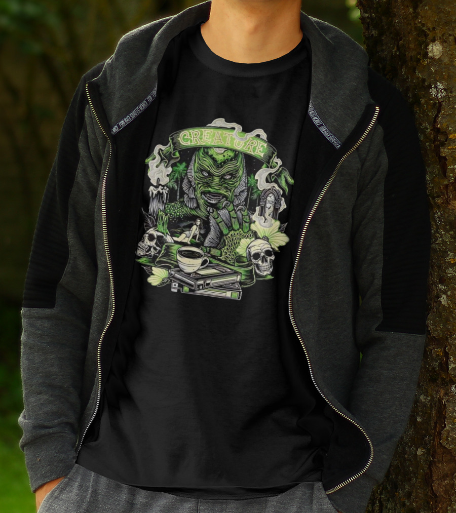 Creature From The Black Lagoon Gill-man Illustrated With Skulls, Books, And Coffee Cup T-Shirt