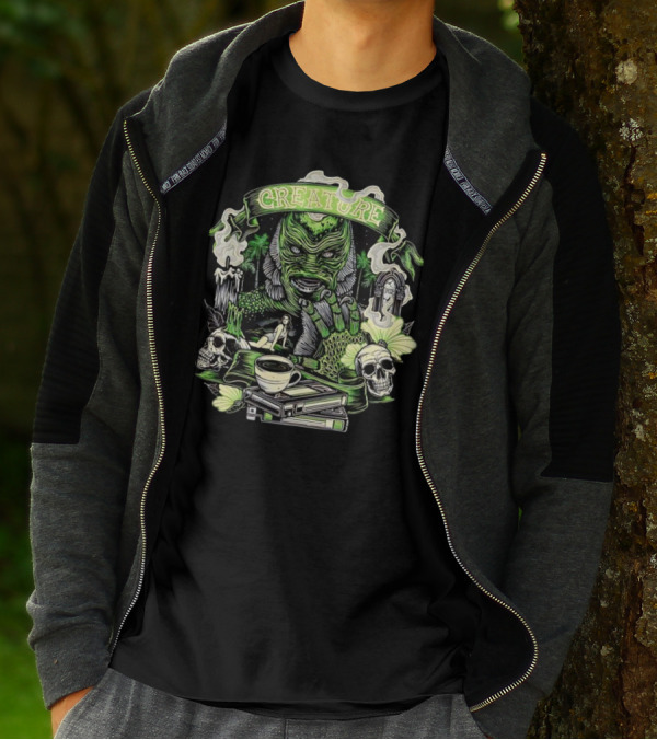 Creature From The Black Lagoon Gill-man Illustrated With Skulls, Books, And Coffee Cup T-Shirt