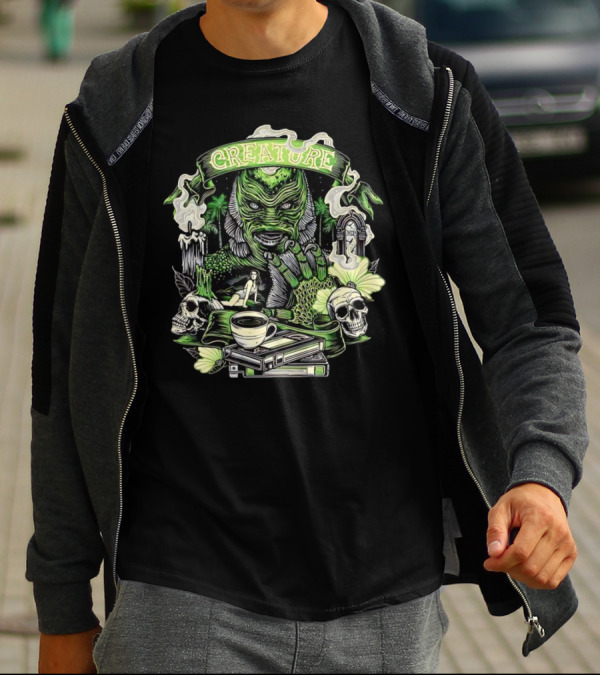 Creature From The Black Lagoon Gill-man Illustrated With Skulls, Books, And Coffee Cup T-Shirt