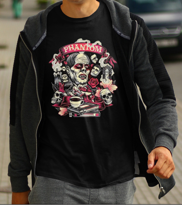 Phantom Of The Opera The Many Faces Of The Phantom With Skulls, Roses, And Coffee Cup T-Shirt