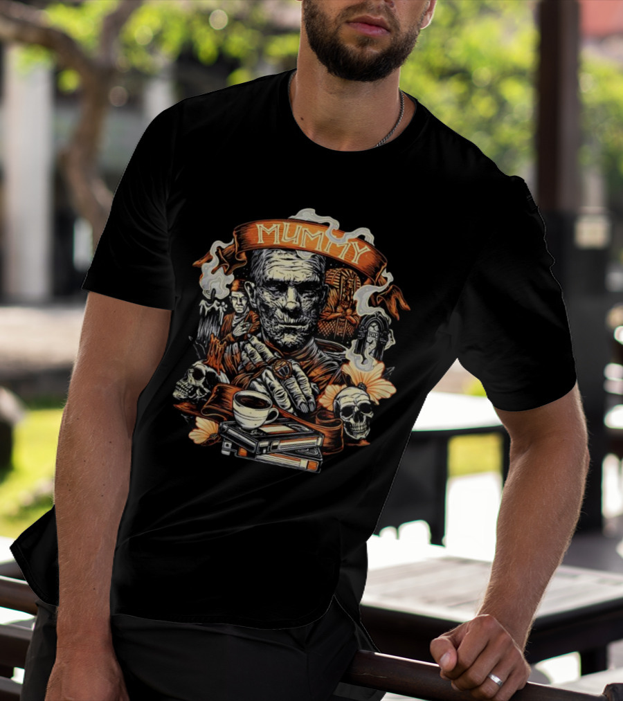 Mummy Vintage Horror Scene With Skulls And Coffee T-Shirt