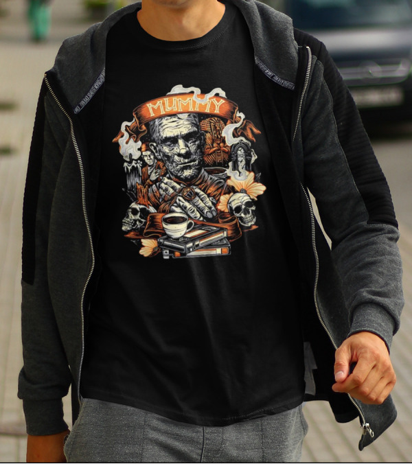 Mummy Vintage Horror Scene With Skulls And Coffee T-Shirt