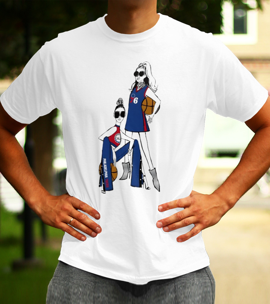 Philadelphia 76ers G-III 4Her Basketball Girls Fitted Blue And Red 76 Jersey And Pants With Basketball T-Shirt