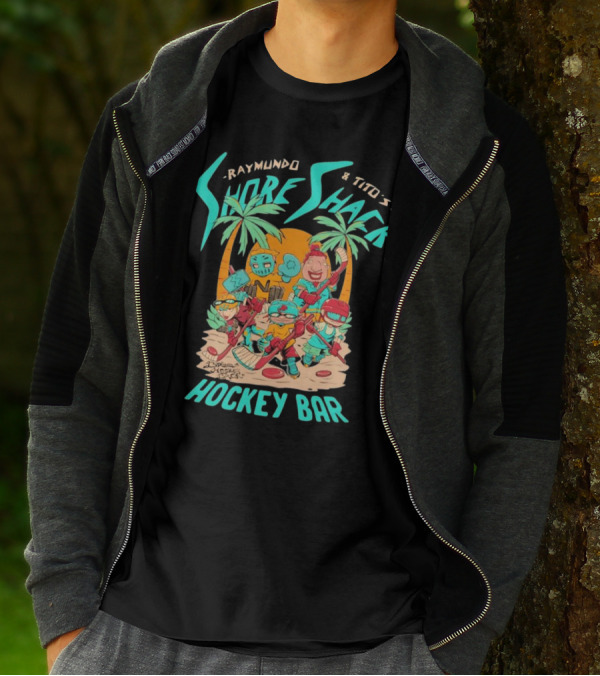 Raymundo And Tito's Shore Shack Hockey Bar Cartoon On The Beach With Hockey Players And Palm Trees T-Shirt