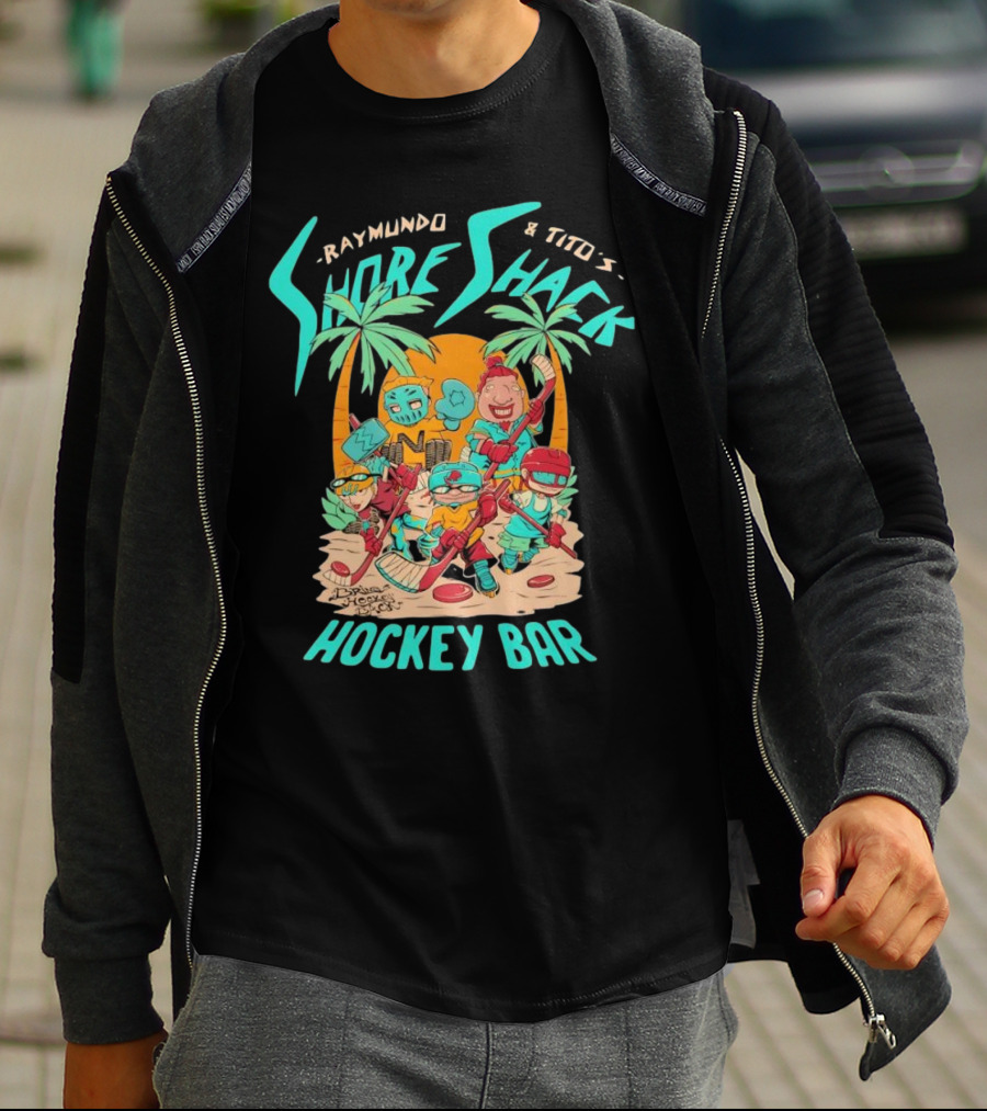 Raymundo And Tito's Shore Shack Hockey Bar Cartoon On The Beach With Hockey Players And Palm Trees T-Shirt