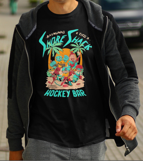 Raymundo And Tito's Shore Shack Hockey Bar Cartoon On The Beach With Hockey Players And Palm Trees T-Shirt