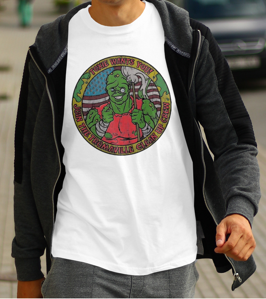 Toxie Wants You Join The Tromaville Clean Up Crew American Flag Background T-Shirt