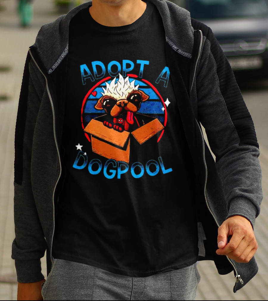 Adopt A Dogpool Cute Pug In Cardboard Box With Hearts And Stars T-Shirt