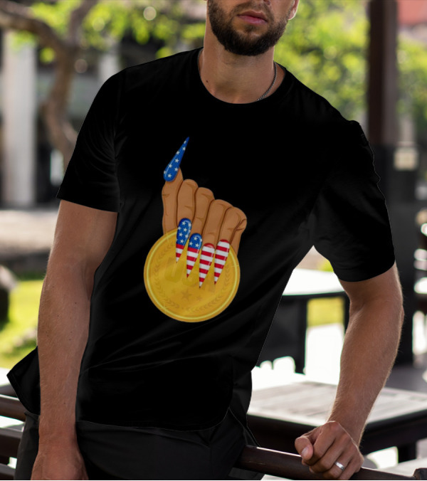 USA Gold Medal Hand With American Flag Nails T-Shirt