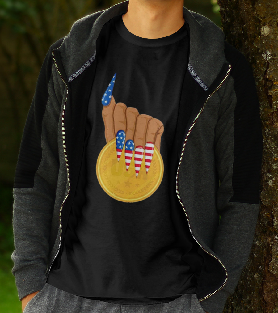 USA Gold Medal Hand With American Flag Nails T-Shirt