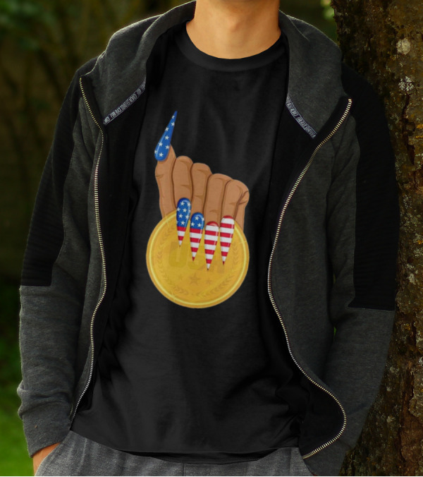 USA Gold Medal Hand With American Flag Nails T-Shirt