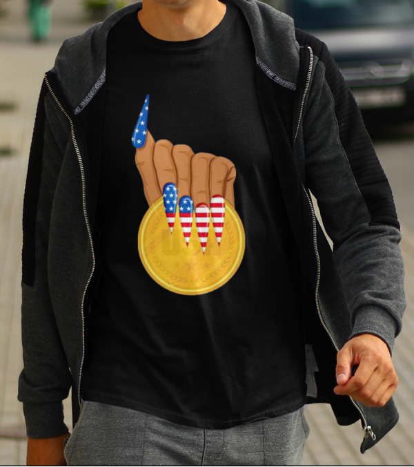 USA Gold Medal Hand With American Flag Nails T-Shirt