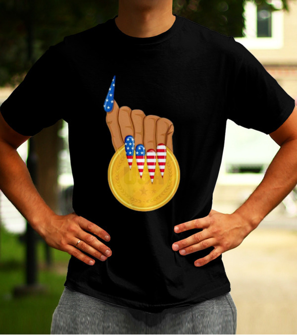 USA Gold Medal Hand With American Flag Nails T-Shirt