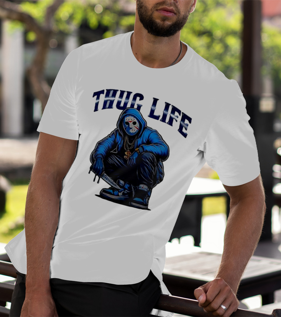 Thug Life Masked Man Sitting With Knife In Blue Hoodie And Sneakers T-Shirt