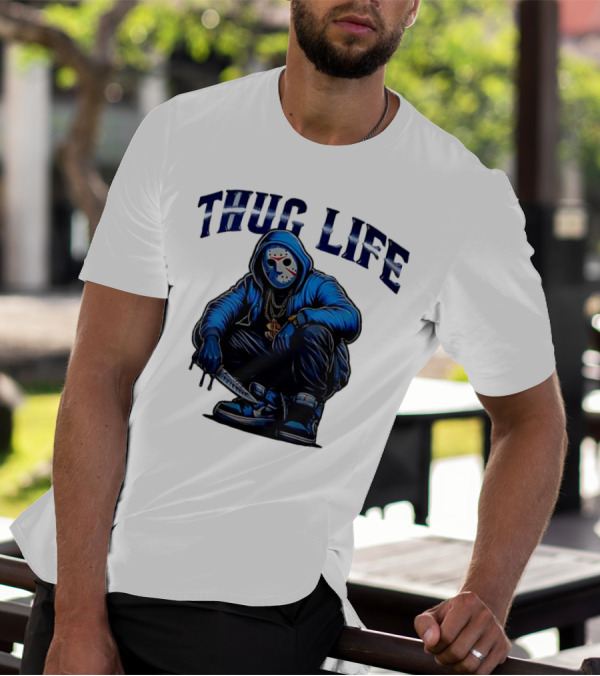 Thug Life Masked Man Sitting With Knife In Blue Hoodie And Sneakers T-Shirt