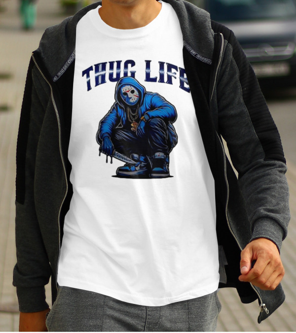 Thug Life Masked Man Sitting With Knife In Blue Hoodie And Sneakers T-Shirt