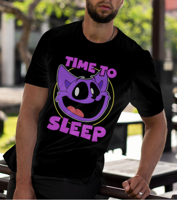 Time To Sleep Purple Cat Cartoon Face T-Shirt