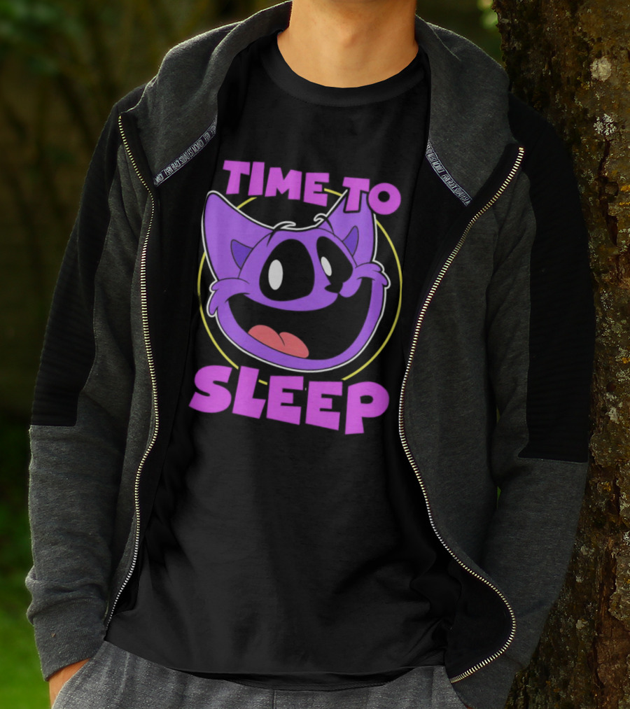 Time To Sleep Purple Cat Cartoon Face T-Shirt