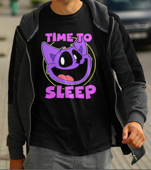 Time To Sleep Purple Cat Cartoon Face T-Shirt