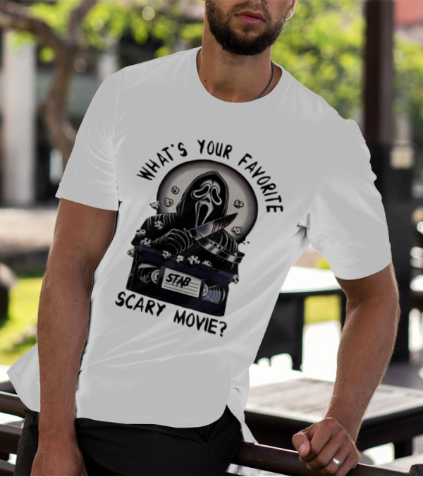 What's Your Favorite Scary Movie Ghostface Stab VHS Popcorn T-Shirt