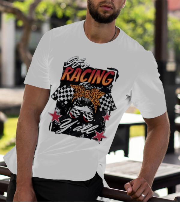 It's Racing Y'all Racing Girl Checkered Flag Leopard Print Bow T-Shirt