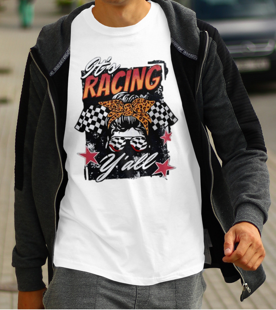 It's Racing Y'all Racing Girl Checkered Flag Leopard Print Bow T-Shirt
