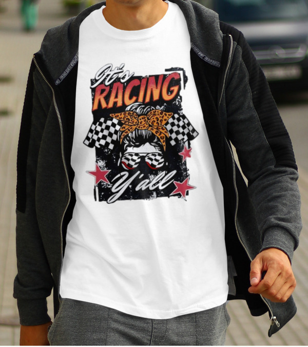 It's Racing Y'all Racing Girl Checkered Flag Leopard Print Bow T-Shirt