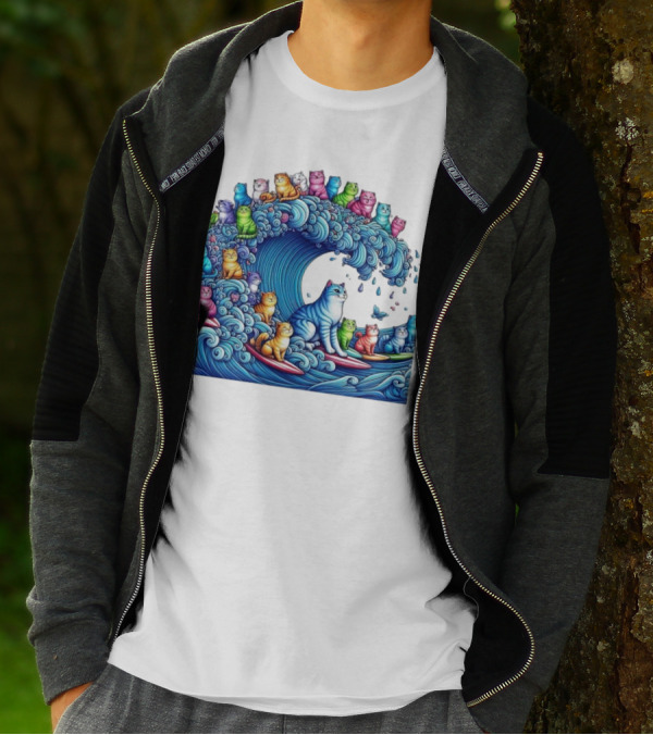 Cats Surfing In A Colorful Wave Bringing Joy T-Shirt