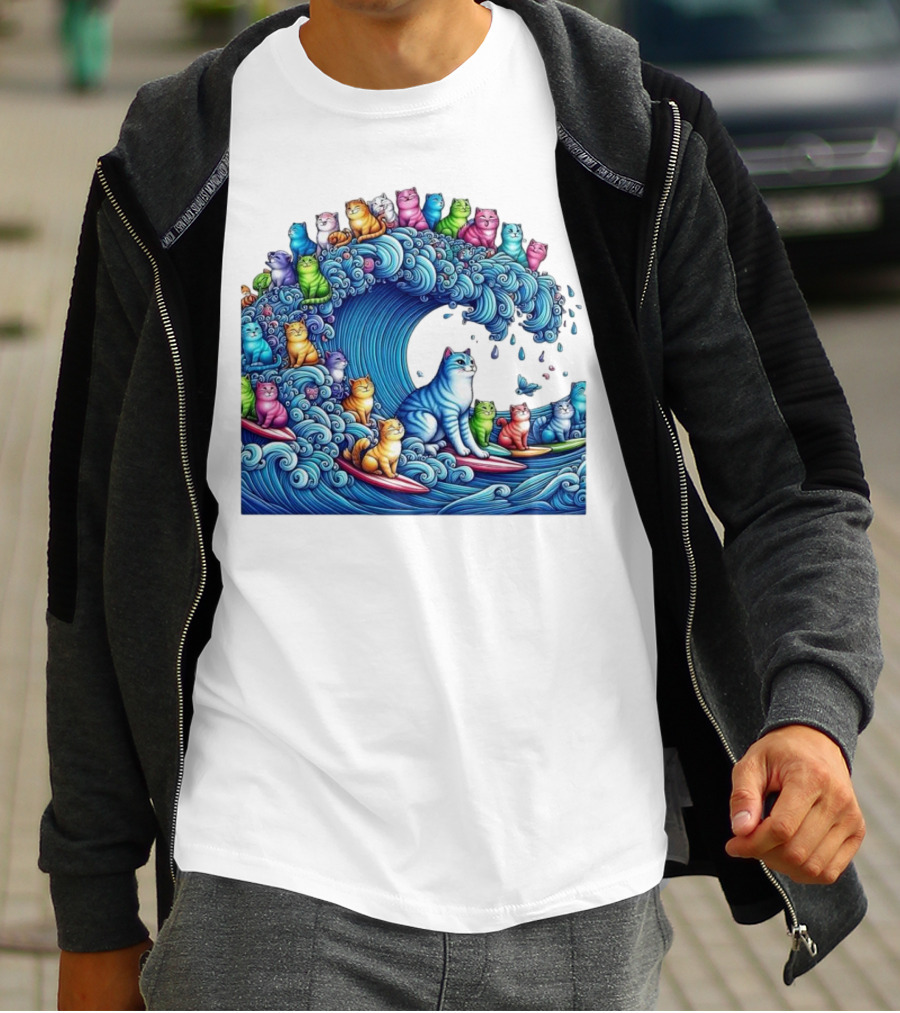 Cats Surfing In A Colorful Wave Bringing Joy T-Shirt