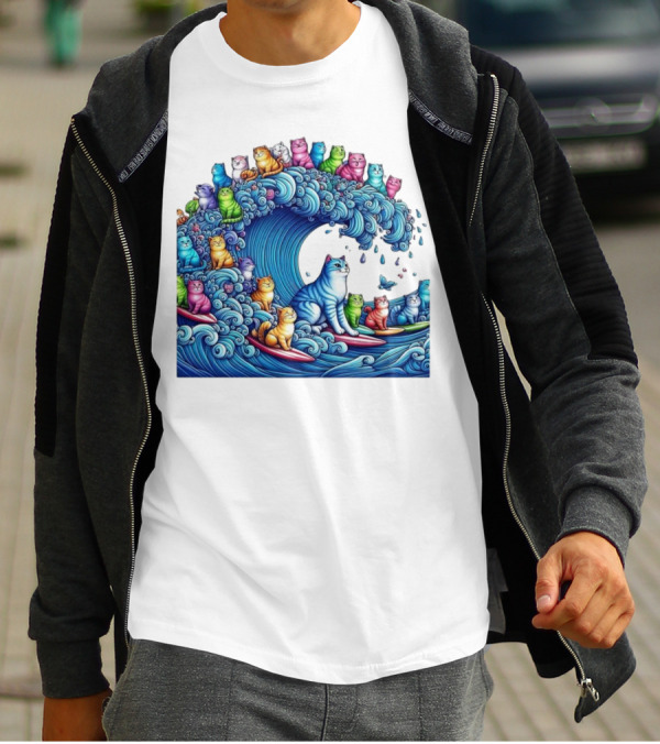 Cats Surfing In A Colorful Wave Bringing Joy T-Shirt