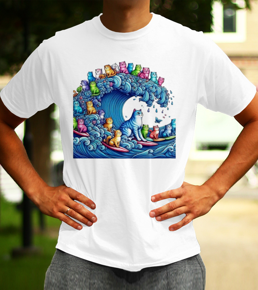 Cats Surfing In A Colorful Wave Bringing Joy T-Shirt