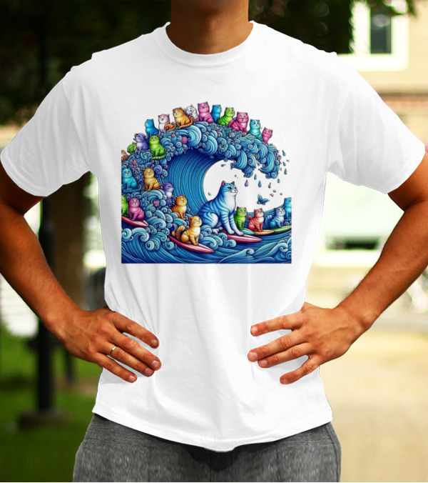 Cats Surfing In A Colorful Wave Bringing Joy T-Shirt