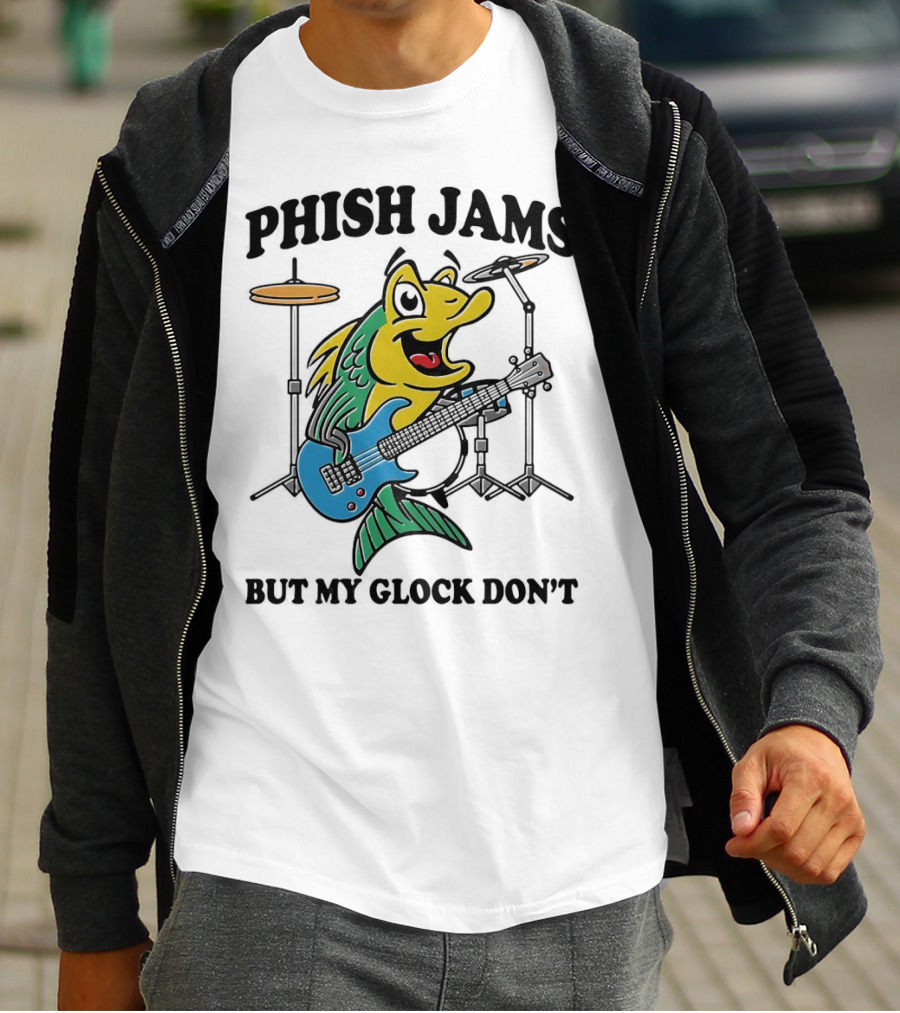 Phish Jams But My Glock Don’t Fish Guitar Drums Cartoon T-Shirt