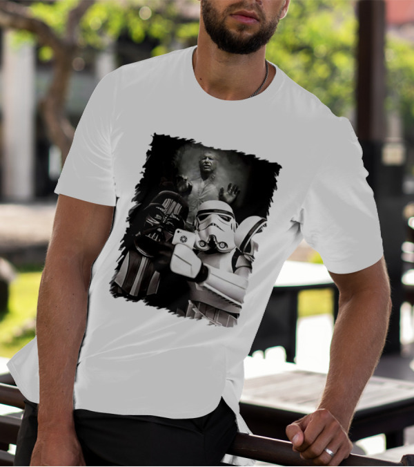 Star Wars Darth Vader And Stormtrooper Taking Selfie With Han Solo Frozen In Carbonite T-Shirt