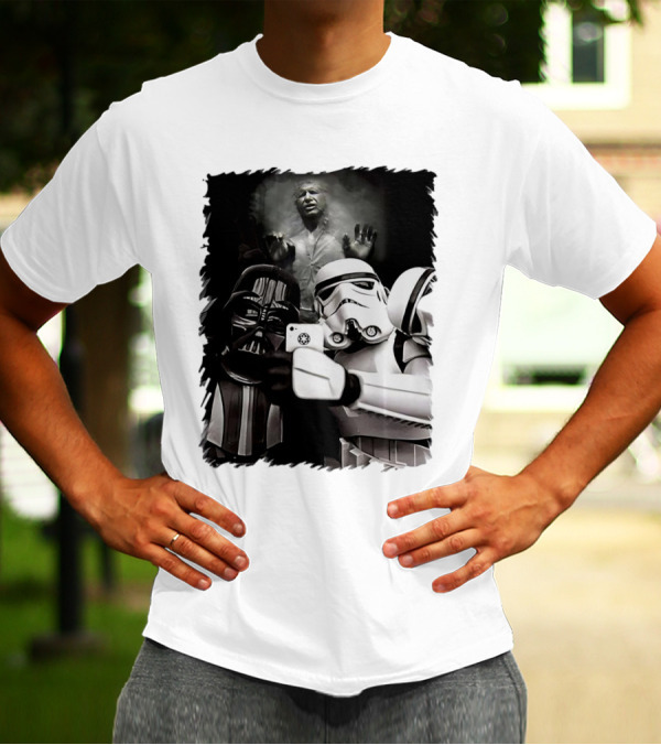 Star Wars Darth Vader And Stormtrooper Taking Selfie With Han Solo Frozen In Carbonite T-Shirt