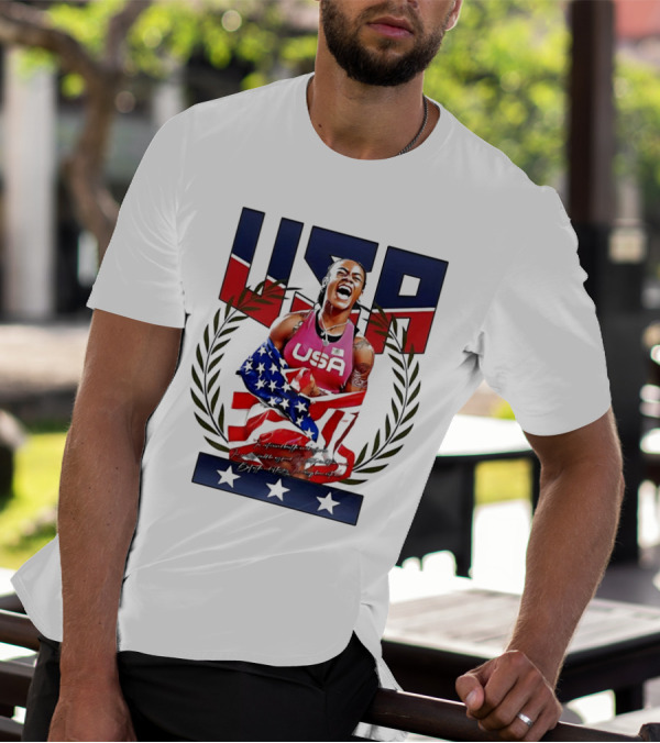 USA Sha’Carri Richardson Gold Medal Celebration American Flag T-Shirt