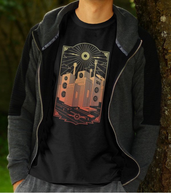 Sound City Amplifier Cityscape With Musical Instruments And Sunburst T-Shirt