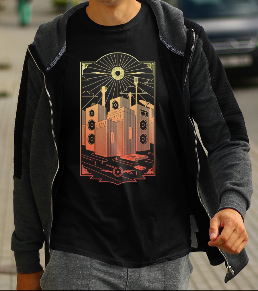 Sound City Amplifier Cityscape With Musical Instruments And Sunburst T-Shirt