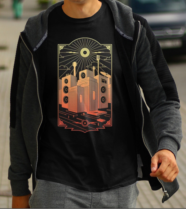 Sound City Amplifier Cityscape With Musical Instruments And Sunburst T-Shirt