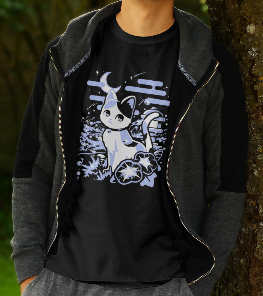 A Cat Amidst Moonlit Fireflies And Stars T-Shirt