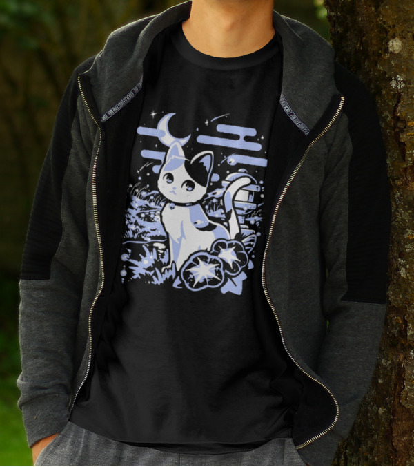 A Cat Amidst Moonlit Fireflies And Stars T-Shirt