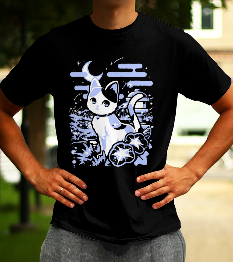 A Cat Amidst Moonlit Fireflies And Stars T-Shirt