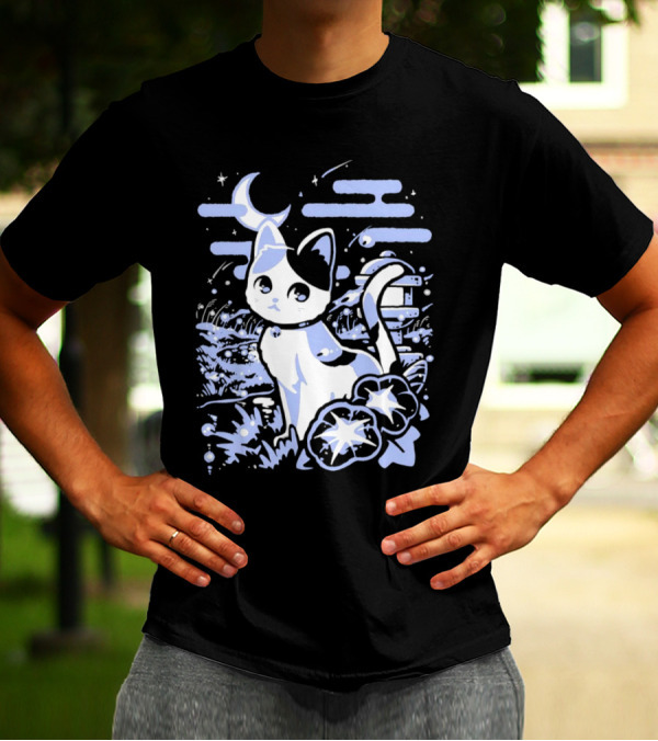 A Cat Amidst Moonlit Fireflies And Stars T-Shirt