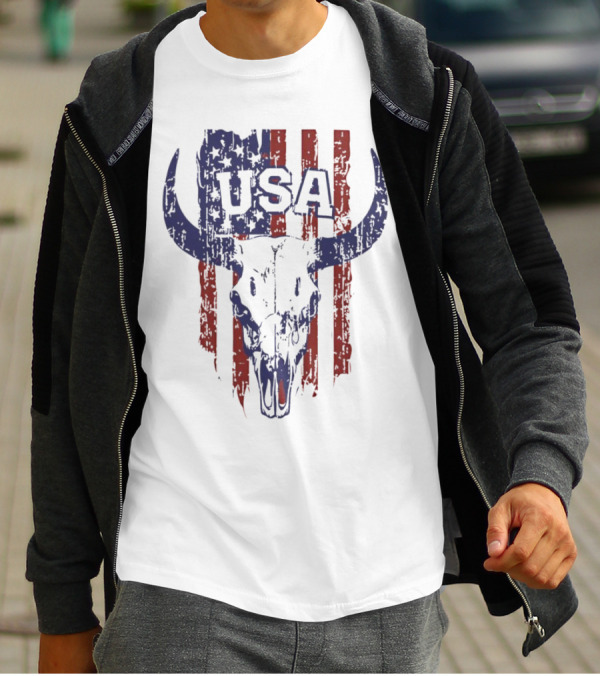 USA Buffalo Skull American Flag Patriotic T-Shirt