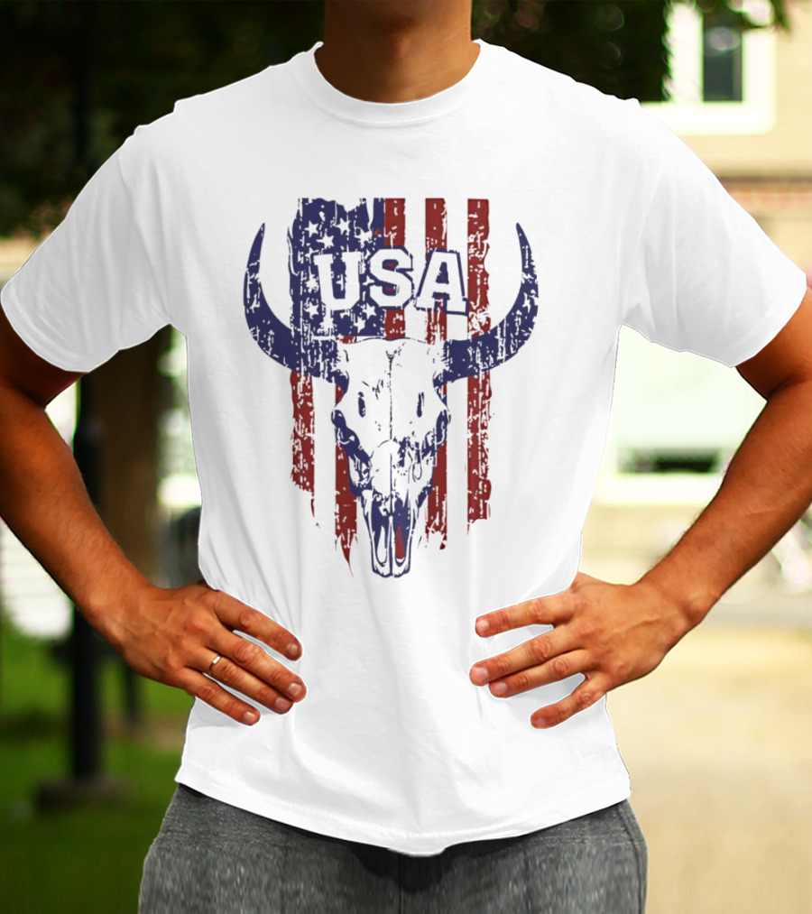 USA Buffalo Skull American Flag Patriotic T-Shirt
